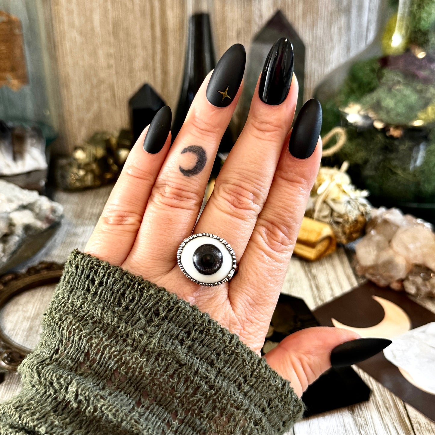 Grey Iris Glass Eye Statement Ring Silver Size 11  / Foxlark Collection