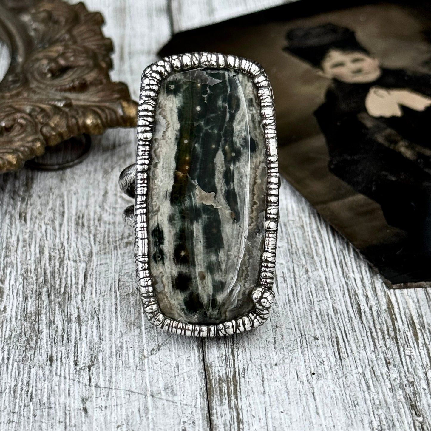 Green Ocean Jasper Ring Silver Size 10 / Foxlark Crystal Jewelry Collection