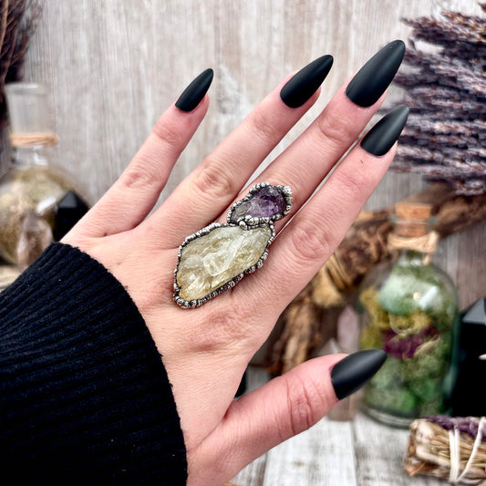 Two Stone Raw Amethyst and Citrine Ring in Fine Silver Size 7.5 / Foxlark Collection - One of a Kind