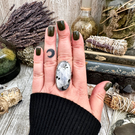 Rainbow Moonstone with Black Tourmaline Ring Silver Size 9 / Foxlark Collection