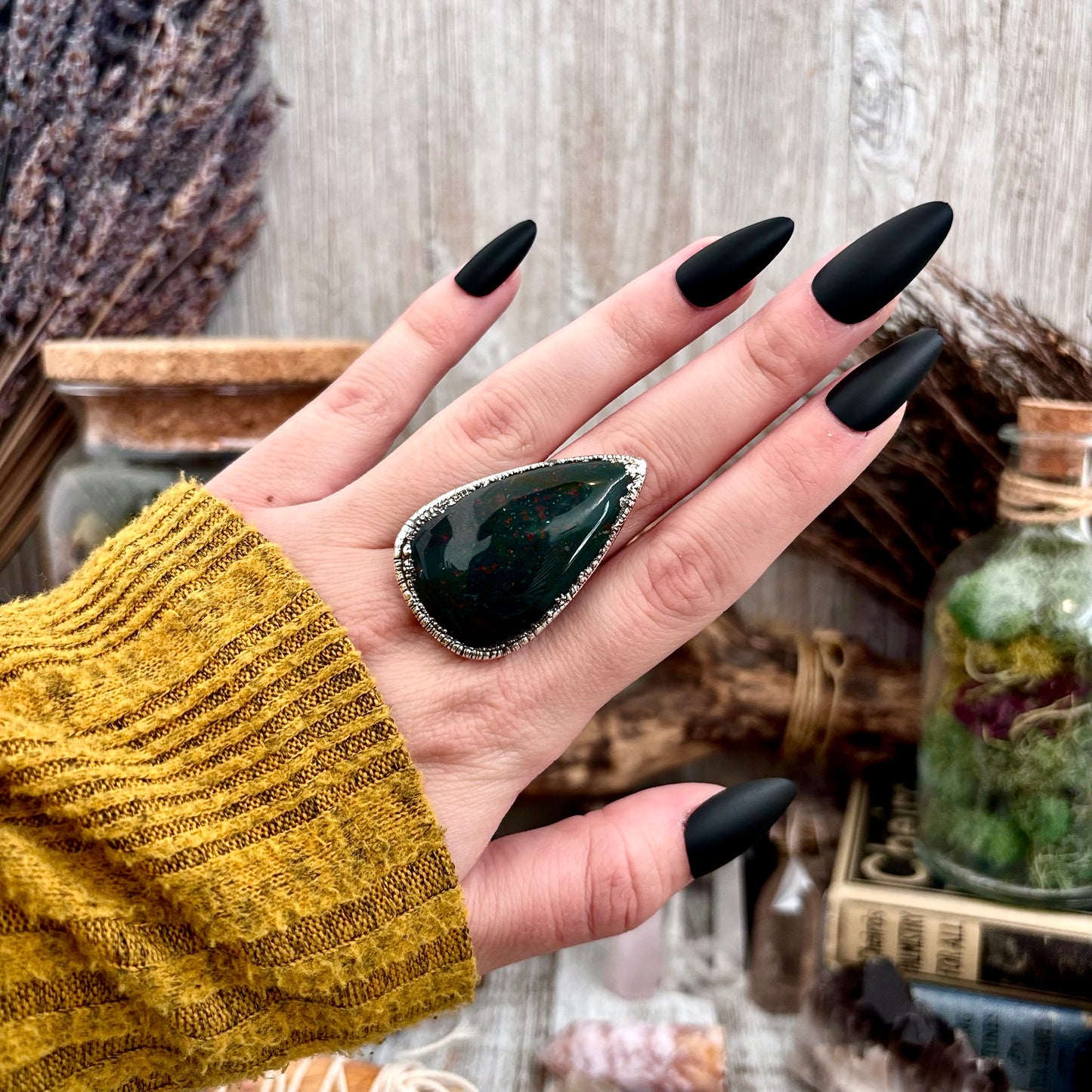 Green Bloodstone Crystal Statement Ring Size 7.5 / Foxlark Collection