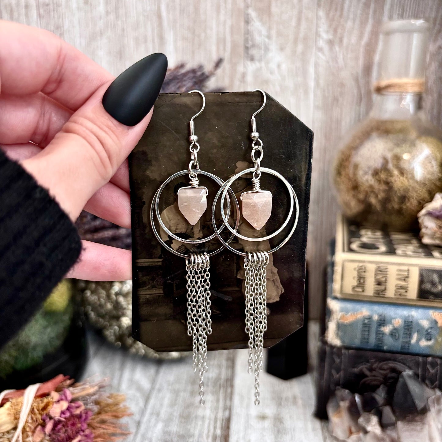 Peach Moonstone Earrings Stainless Steel Hoop and Fringe / Long Dangle Punk Earrings