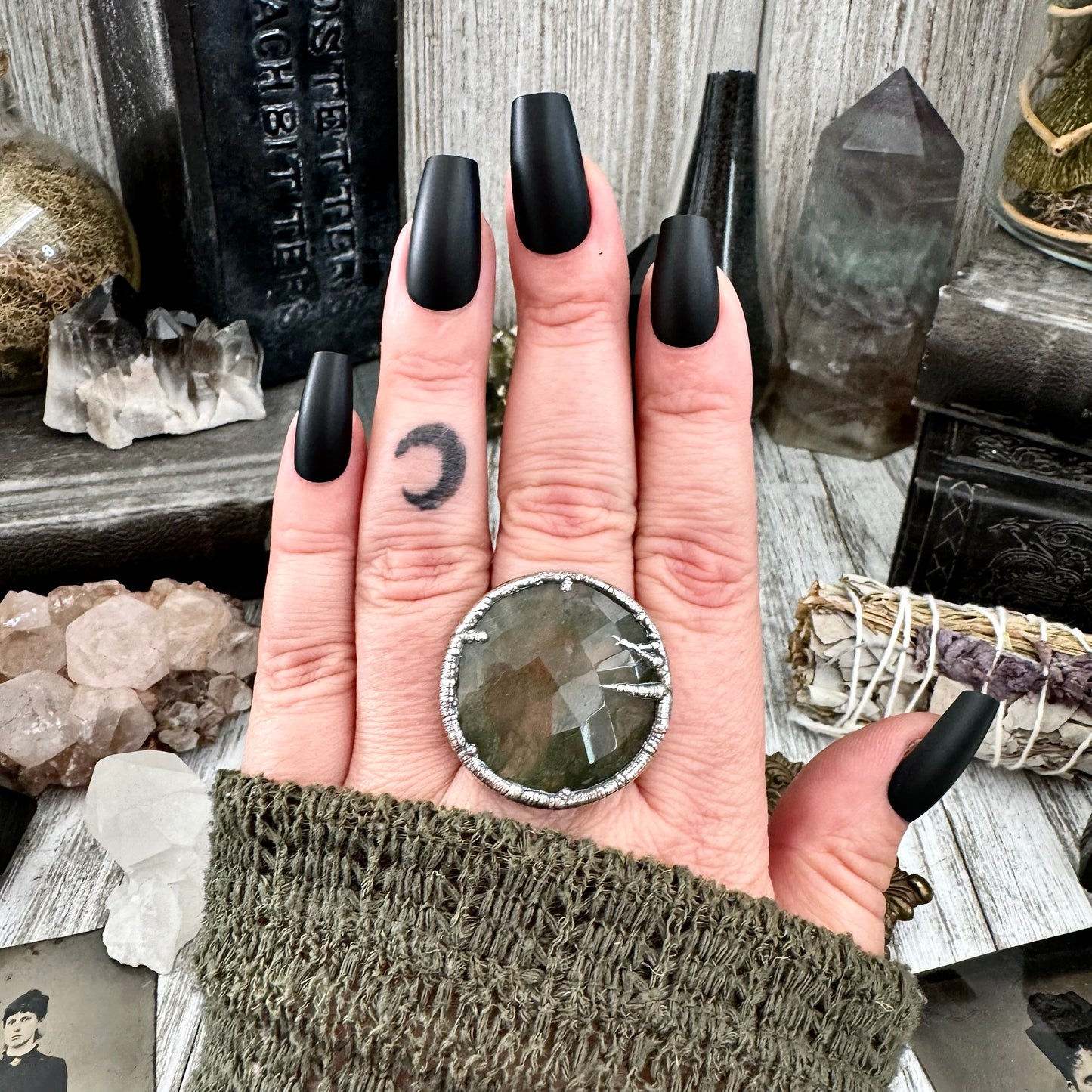 Green Fancy Moss Agate Ring Silver Size 9.5/ Foxlark Crystal Jewelry Collection