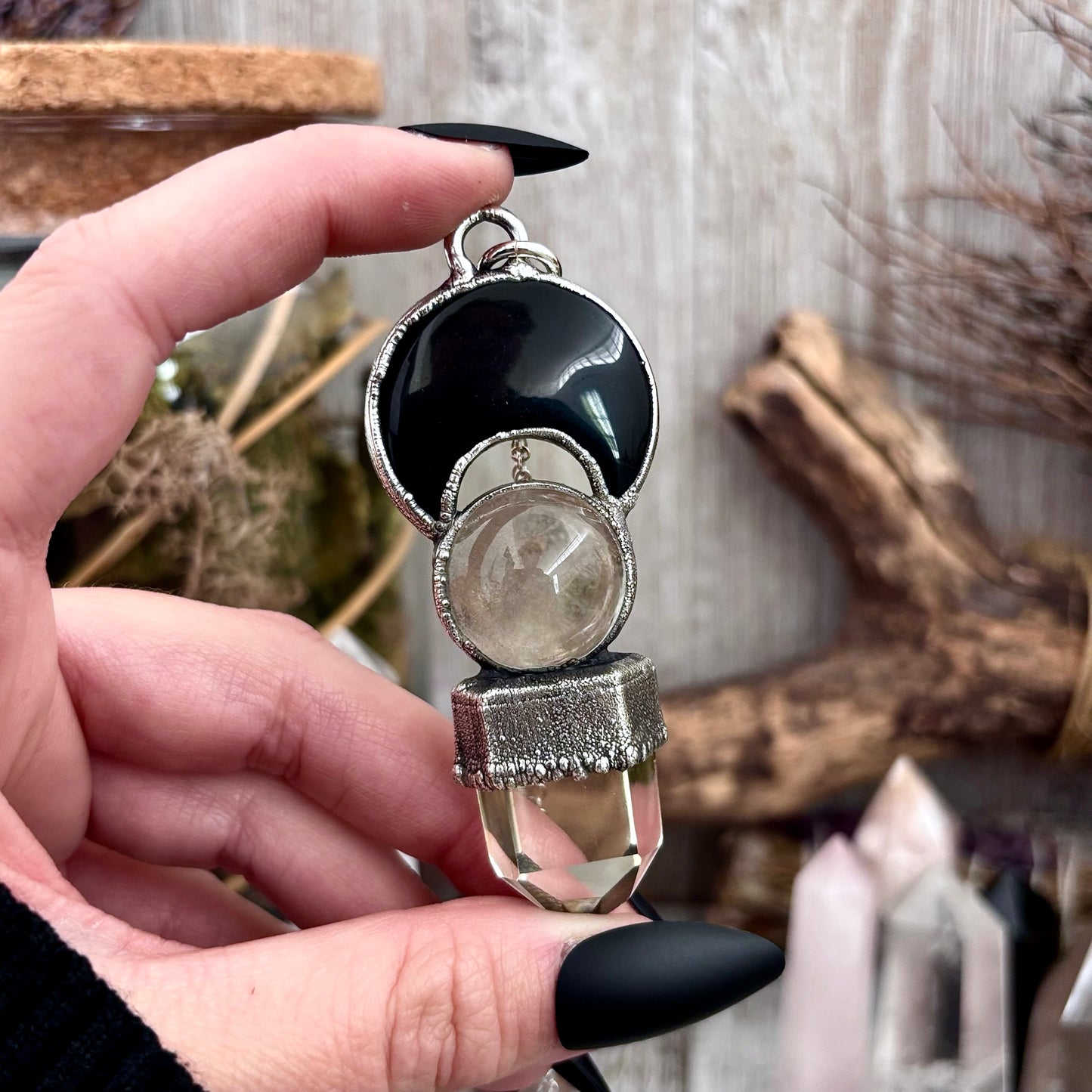 Black Onyx Moon, Clear Quartz Crystal ball, Smoky Quartz Necklace in Fine Silver / Foxlark Collection - One of a Kind