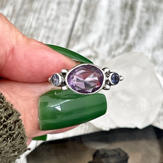 Dainty Purple Amethyst & Lolite Ring Set in Sterling Silver Size 7 8 9 10
