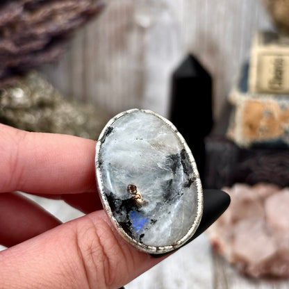 Rainbow Moonstone with Black Tourmaline Ring Silver Size 6 / Foxlark Collection