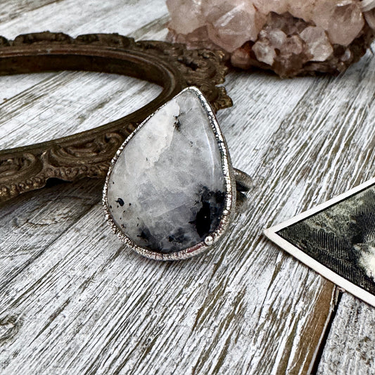 Rainbow Moonstone with Black Tourmaline Ring Silver Size 6.5 / Foxlark Collection