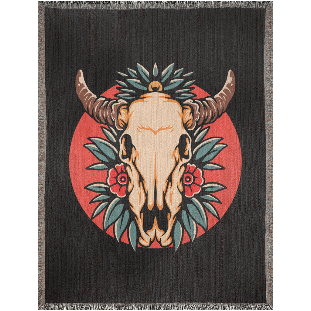 Bull Skull and Roses Traditional Tattoo Style Woven Fringe Blanket / / Wall tapestry, throw for sofa, maximalist decor, tattoo home decor