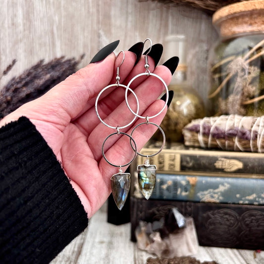 Labradorite Stainless Steel Hoop Earrings   / Long Dangle Bohemian Earrings