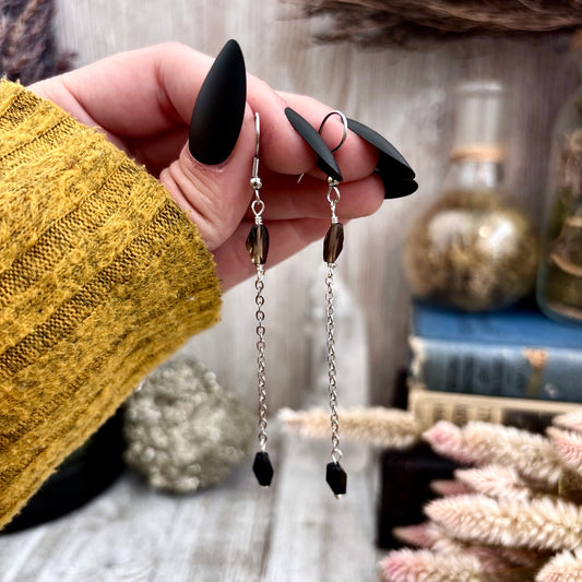 Smoky Quartz Black Onyx Beaded Drop Earrings / Long Dangle Witchy Earrings