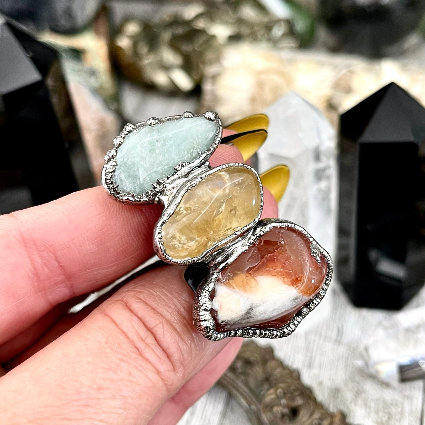 Size 6 Crystal Ring - Three Stone Ring Carnelian Aquamarine Citrine Silver Ring / Foxlark Collection - One of a Kind