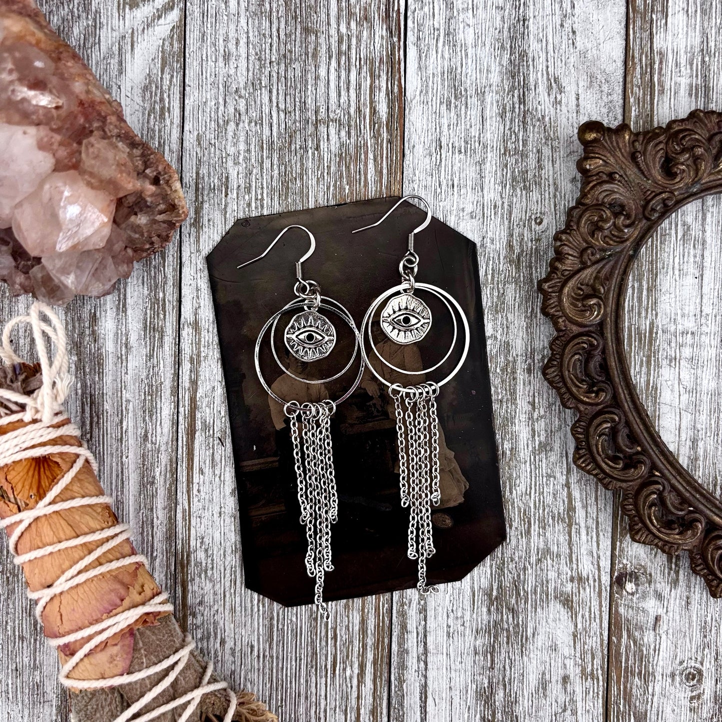 Silver All Seeing Eye Earrings Stainless Steel Hoop and Fringe / Long Dangle Punk Earrings