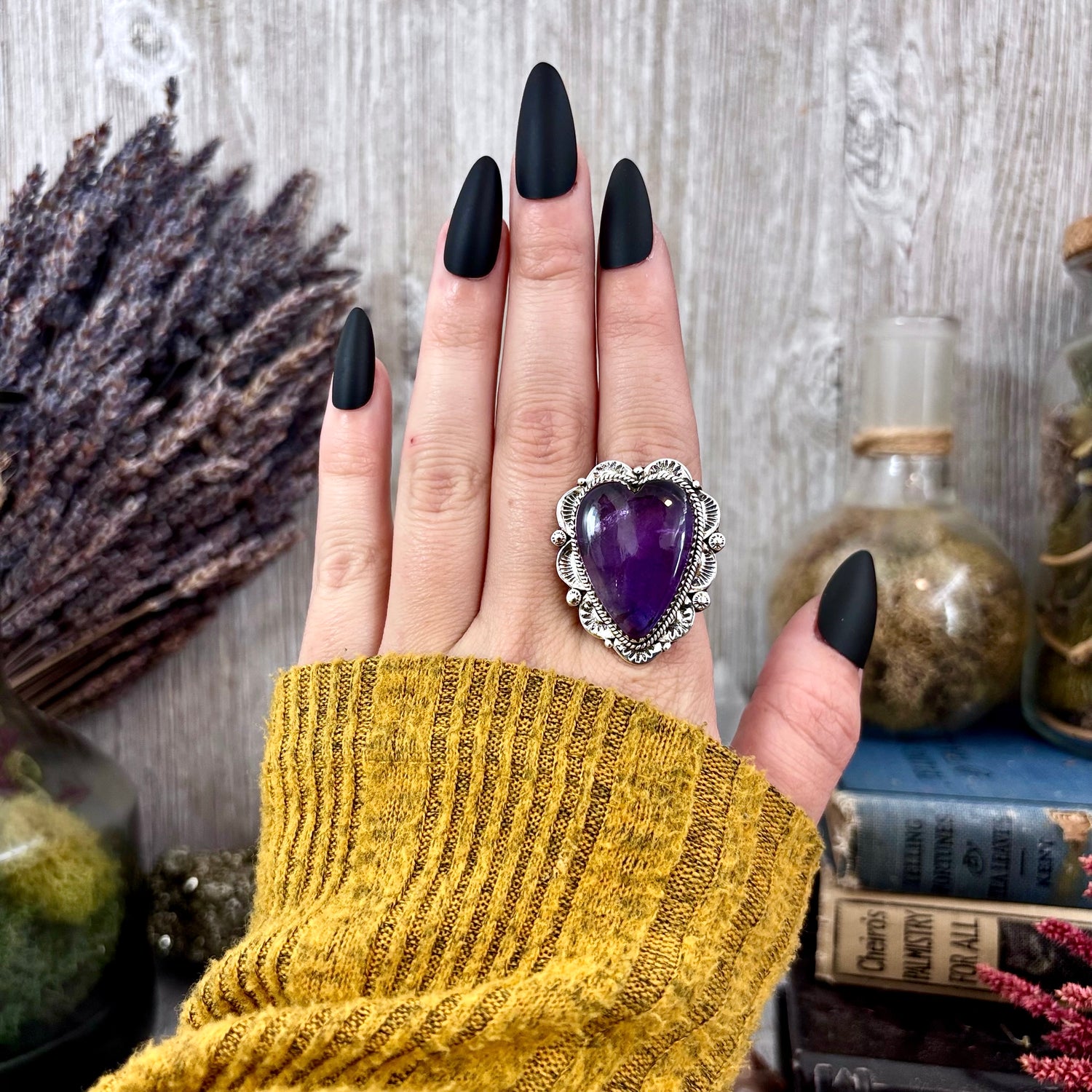 Amethyst Heart Crystal Statement Ring in Sterling Silver- Designed by FOXLARK Collection Adjusts to size 6,7,8,9, 10 / Gothic Jewelry FOXLARK