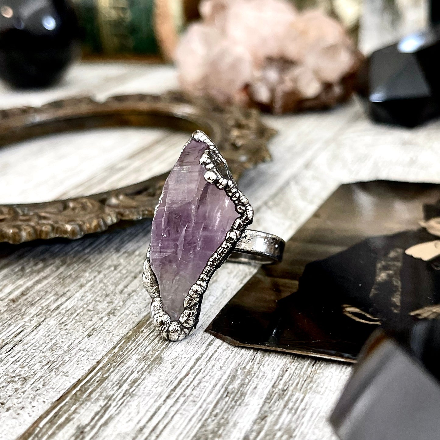 Size 8 Raw Purple Amethyst Crystal Ring Set in Fine Silver  / Foxlark Collection - One of a Kind