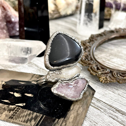 Size 9 Crystal Ring - Three Stone Black Onyx Clear Quartz Amethyst Ring in Silver / Foxlark Collection - One of a Kind