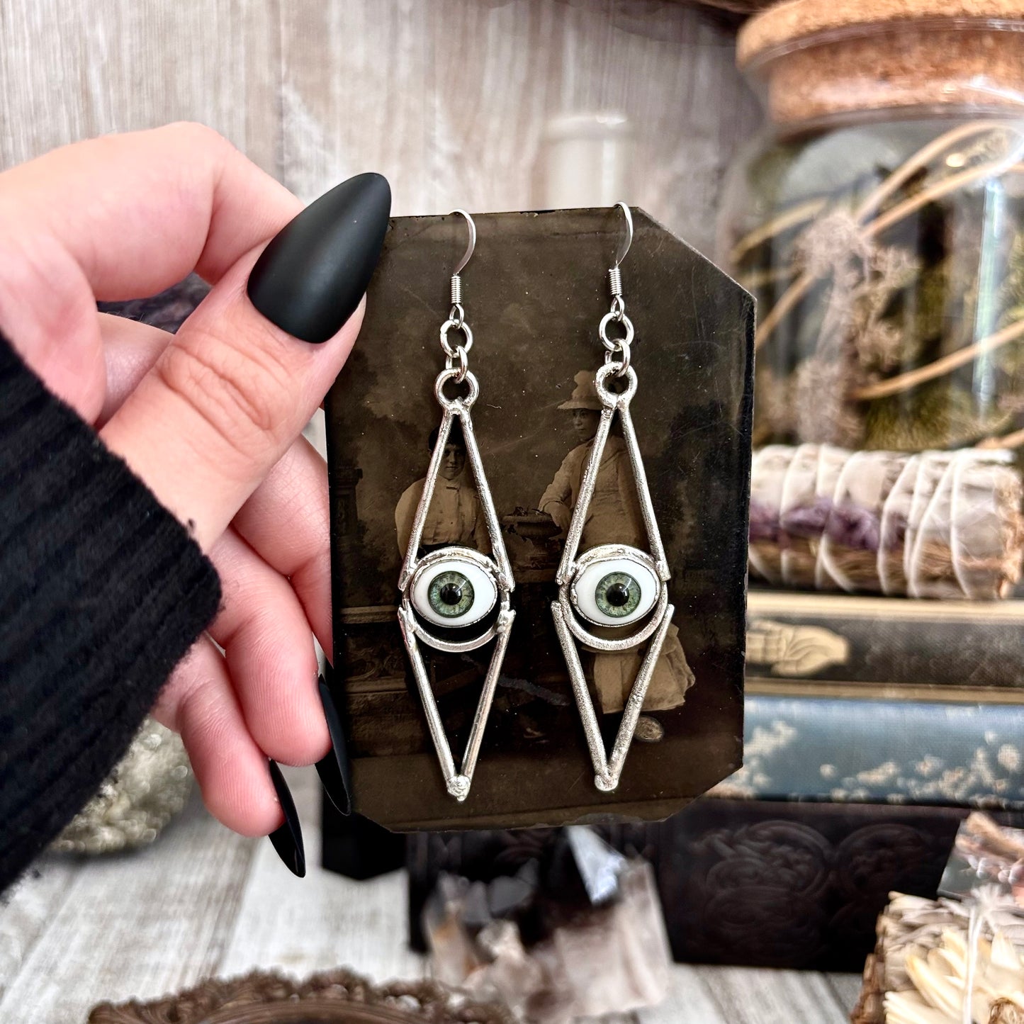 Green Iris Eyeball Fine Silver Earrings / Long Dangle Witchy Earrings