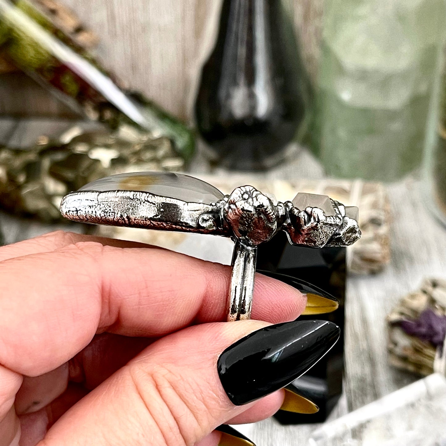 Size 6.5 Crystal Ring - Three Stone Ring Dendritic Agate Clear Quartz Silver Ring / Foxlark Collection - One of a Kind Jewelry