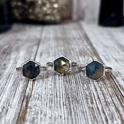 Moss Agate Ring Fine Silver Small Faceted Stone Ring Size 5 6 7 8 9 10 11 / Foxlark Collection
