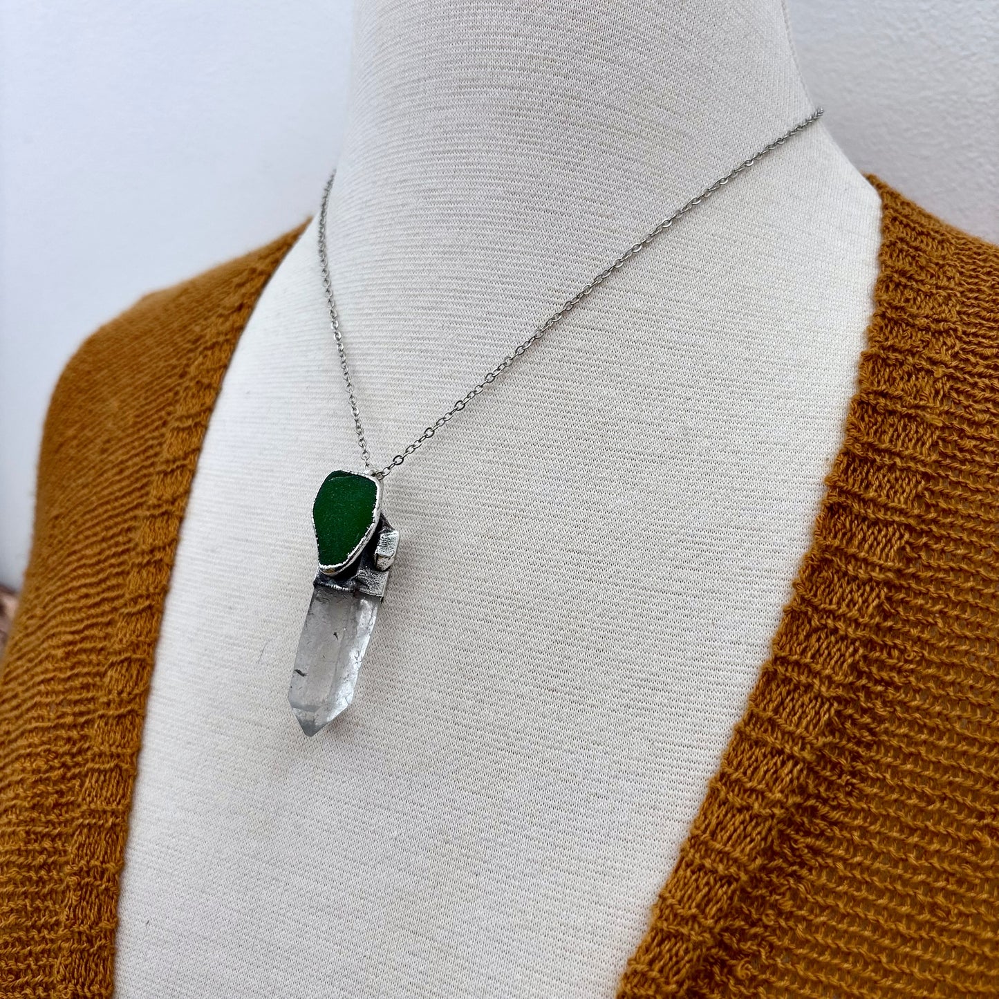 Clear Quartz & Green Sea Glass Crystal Statement Necklace in Fine Silver / Foxlark Collection - One of a Kind