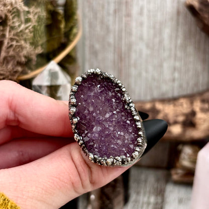 Raw Purple Amethyst Crystal Druzy Geode Ring in Fine Silver Size 7 / Foxlark Collection