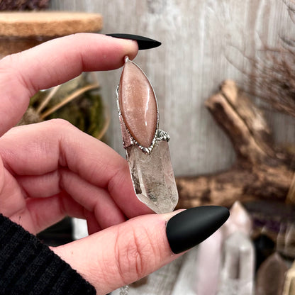 Clear Quartz & Peach Moonstone Crystal Statement Necklace in Fine Silver / Foxlark Collection - One of a Kind