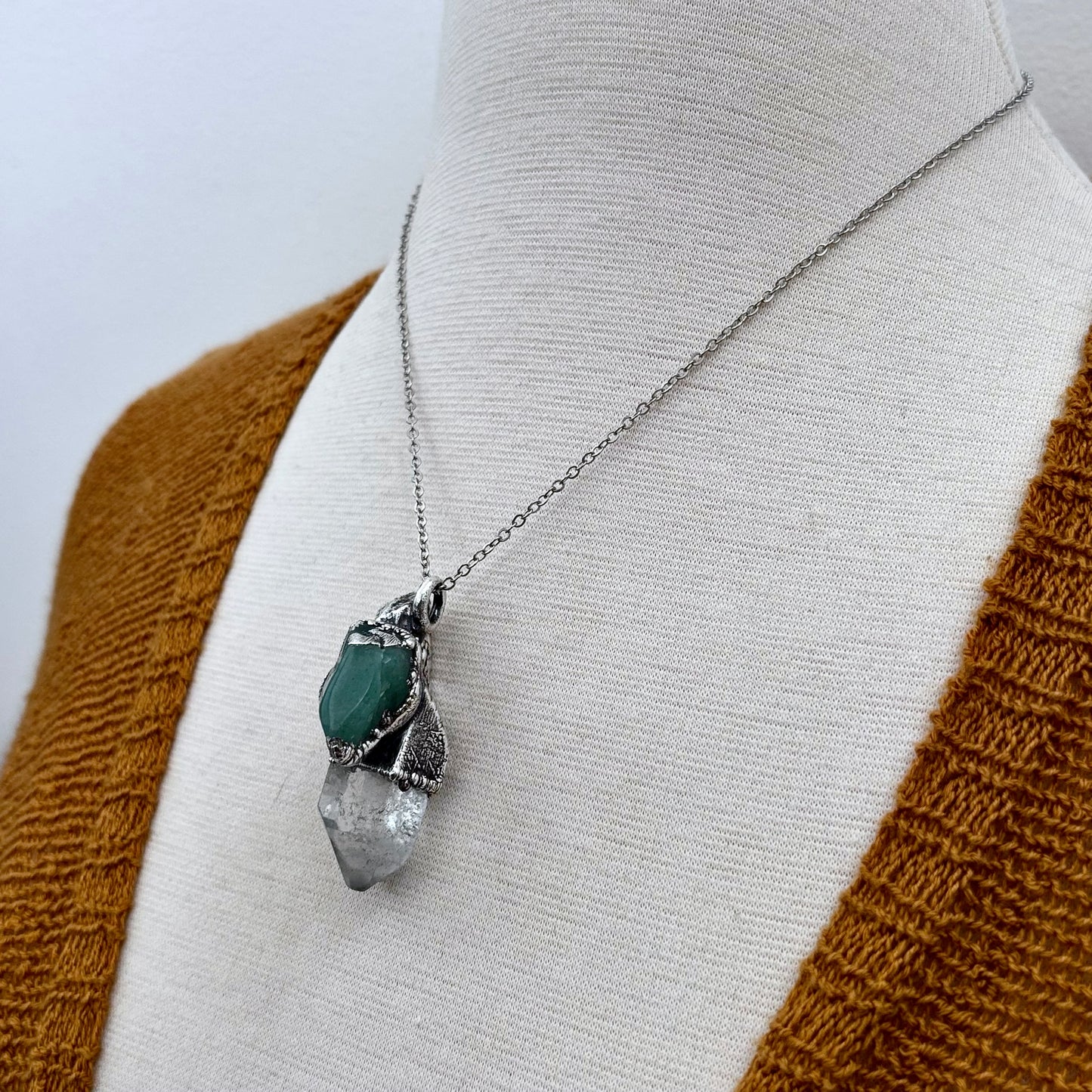 Clear Quartz & Aventurine Crystal Statement Necklace in Fine Silver / Foxlark Collection - One of a Kind