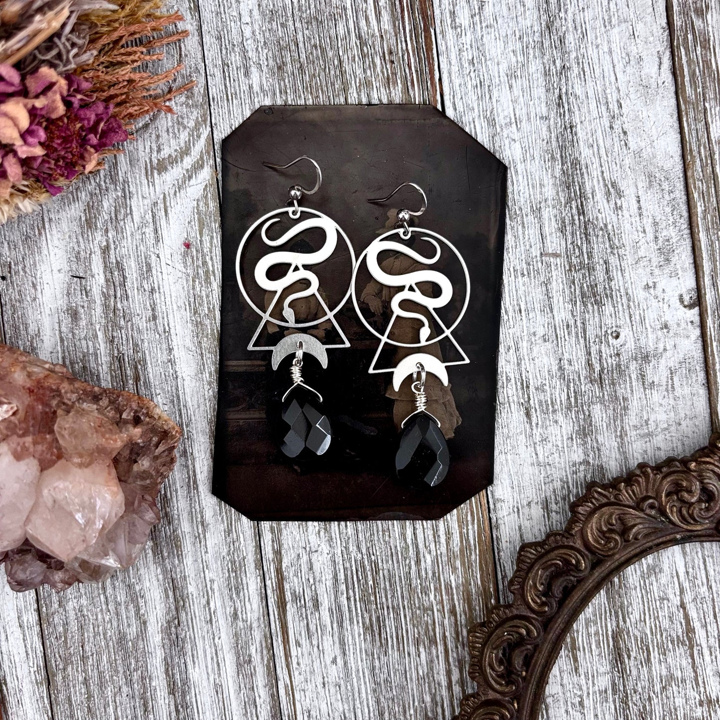 Geometric Snake Black Onyx Earrings Stainless Steel Earrings  / Long Dangly Geometric Earrings
