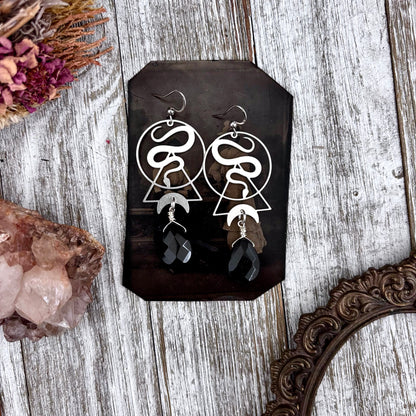 Geometric Snake Black Onyx Earrings Stainless Steel Earrings  / Long Dangly Geometric Earrings