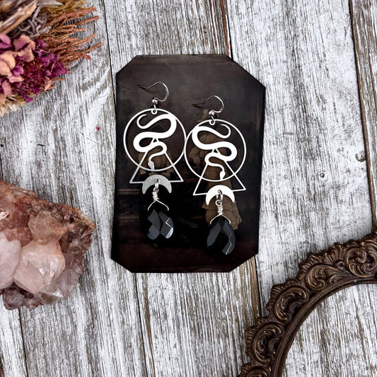 Geometric Snake Black Onyx Earrings Stainless Steel Earrings  / Long Dangly Geometric Earrings