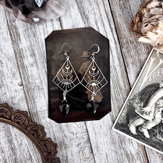 Geometric Eye Black Onyx Earrings Stainless Steel Earrings  / Long Dangly Geometric Earrings