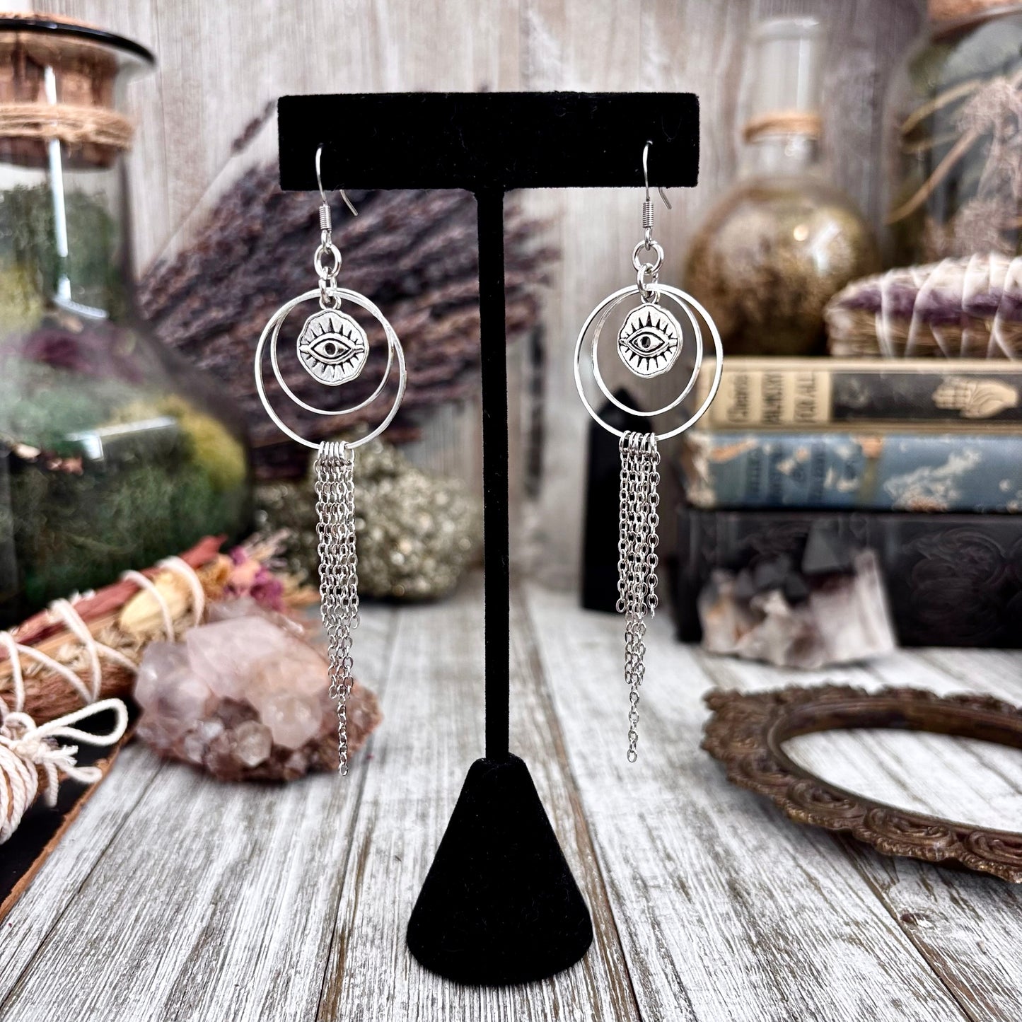 Silver All Seeing Eye Earrings Stainless Steel Hoop and Fringe / Long Dangle Punk Earrings