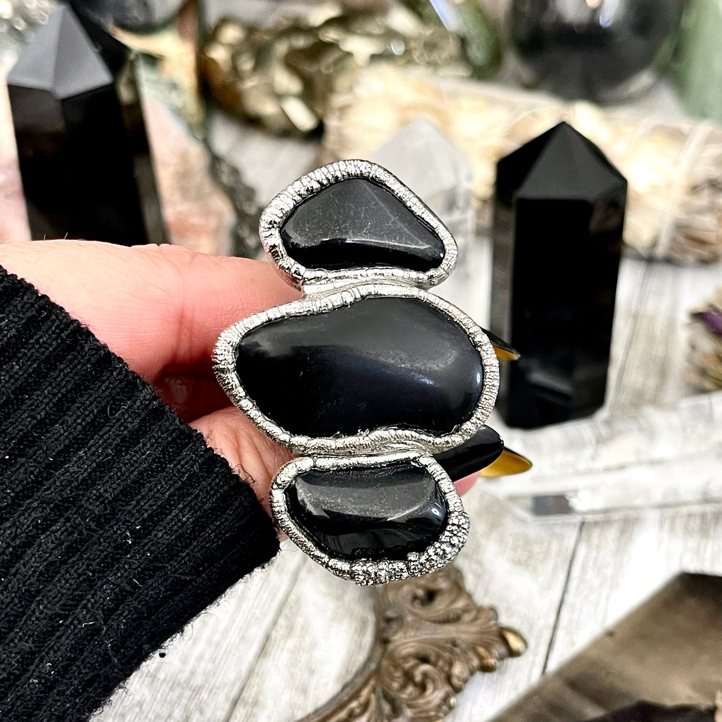 Size 8.5 Crystal Ring - Three Stone Black Onyx Ring in Silver / Foxlark Collection - One of a Kind