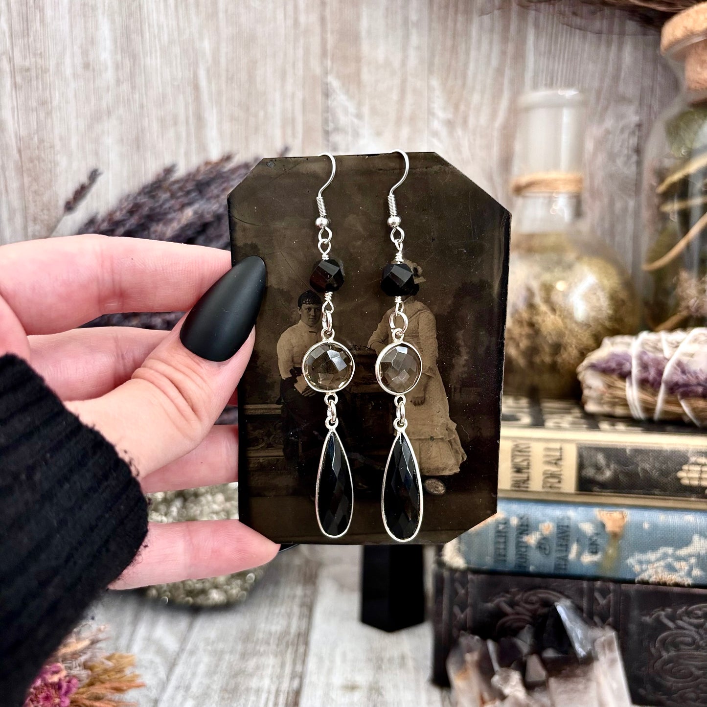 Smoky Quartz Black Onyx Sterling Silver Dangle Earrings  / Long Dangly Bohemian Earrings