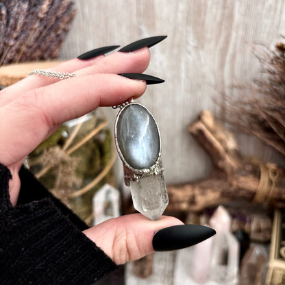 Clear Quartz & Grey Moonstone Crystal Statement Necklace in Fine Silver / Foxlark Collection - One of a Kind