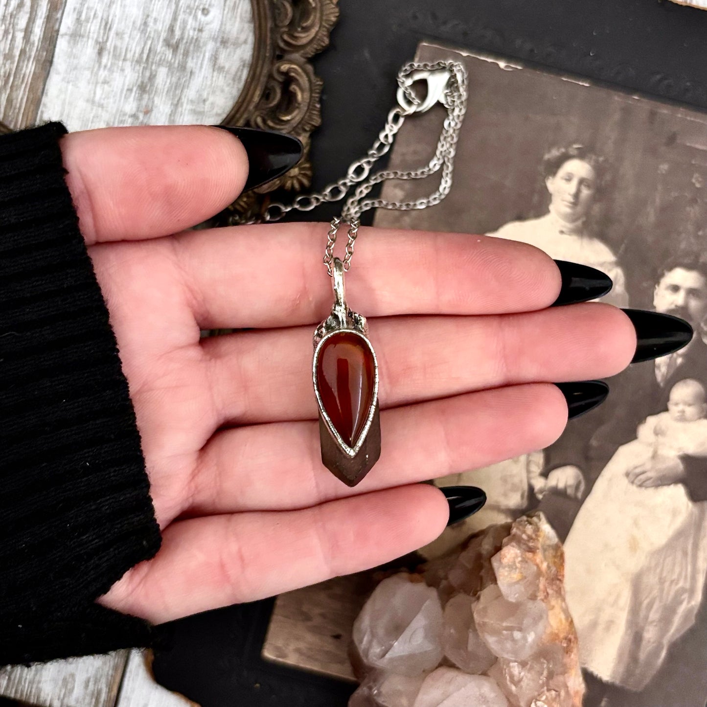 Smoky Quartz & Carnelian Crystal Statement Necklace in Fine Silver / Foxlark Collection - One of a Kind