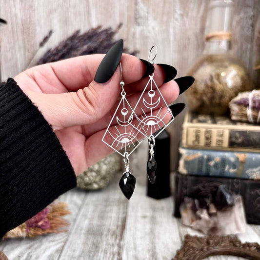 Geometric Eye Black Onyx Earrings Stainless Steel Earrings  / Long Dangly Geometric Earrings