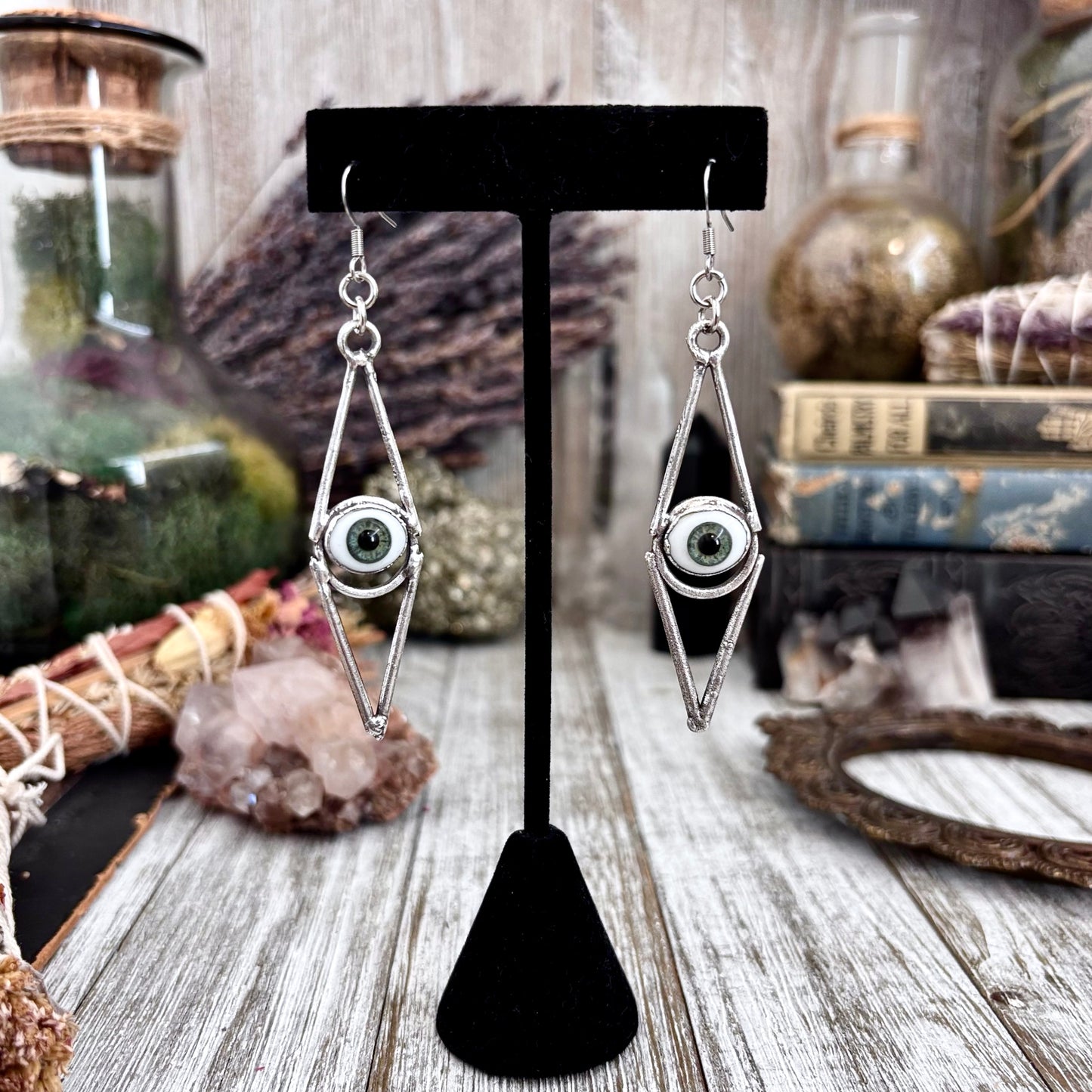 Green Iris Eyeball Fine Silver Earrings / Long Dangle Witchy Earrings