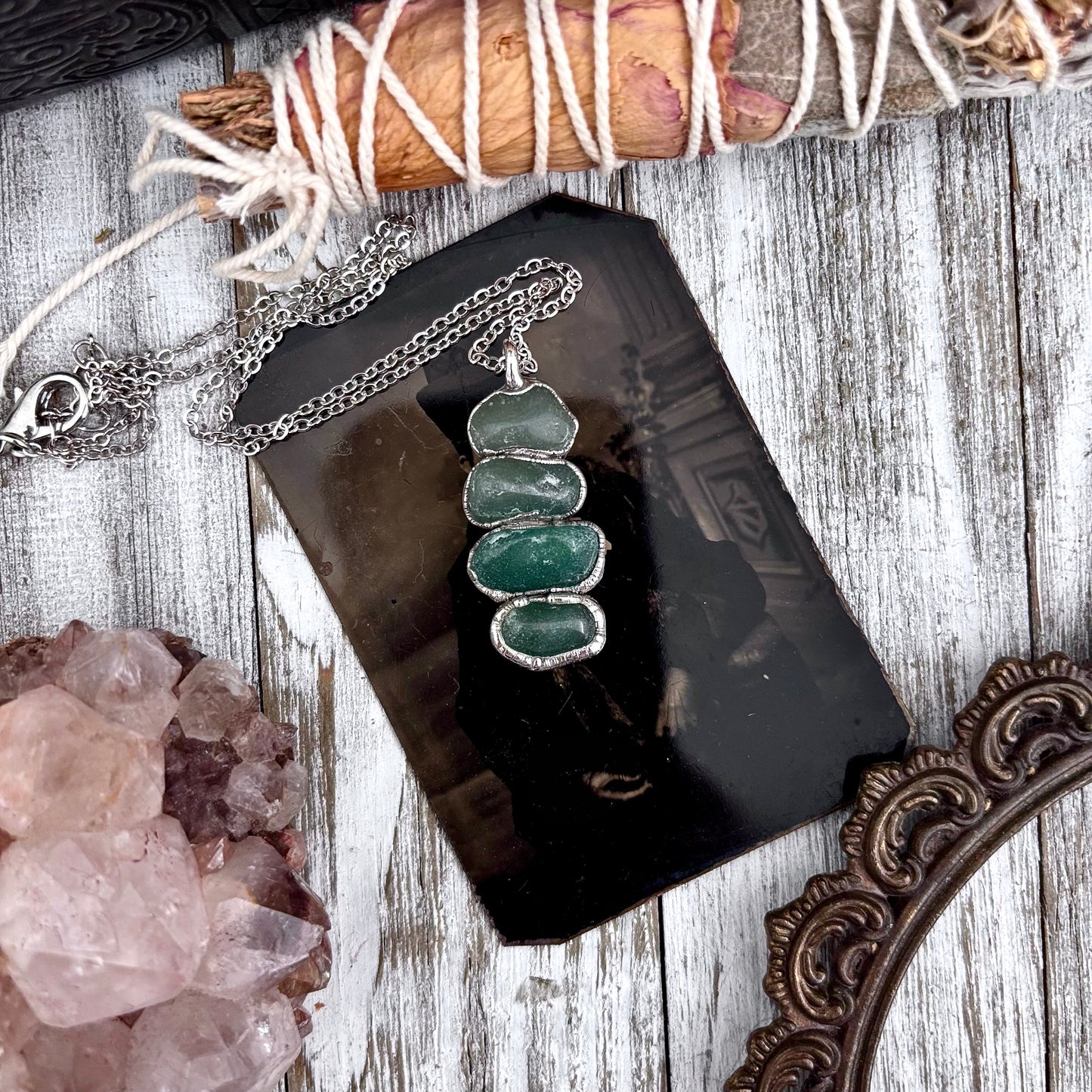 Four Stone Aventurine Necklace in Fine Silver / Foxlark Collection