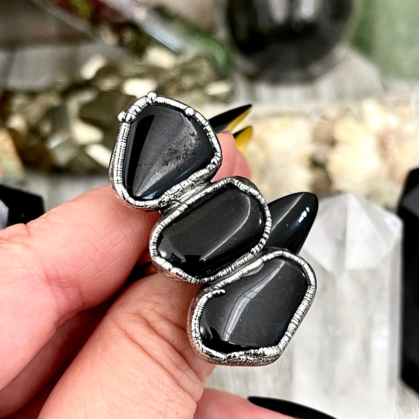 Size 8 Crystal Ring - Three Stone Black Onyx Ring in Silver / Foxlark Collection - One of a Kind