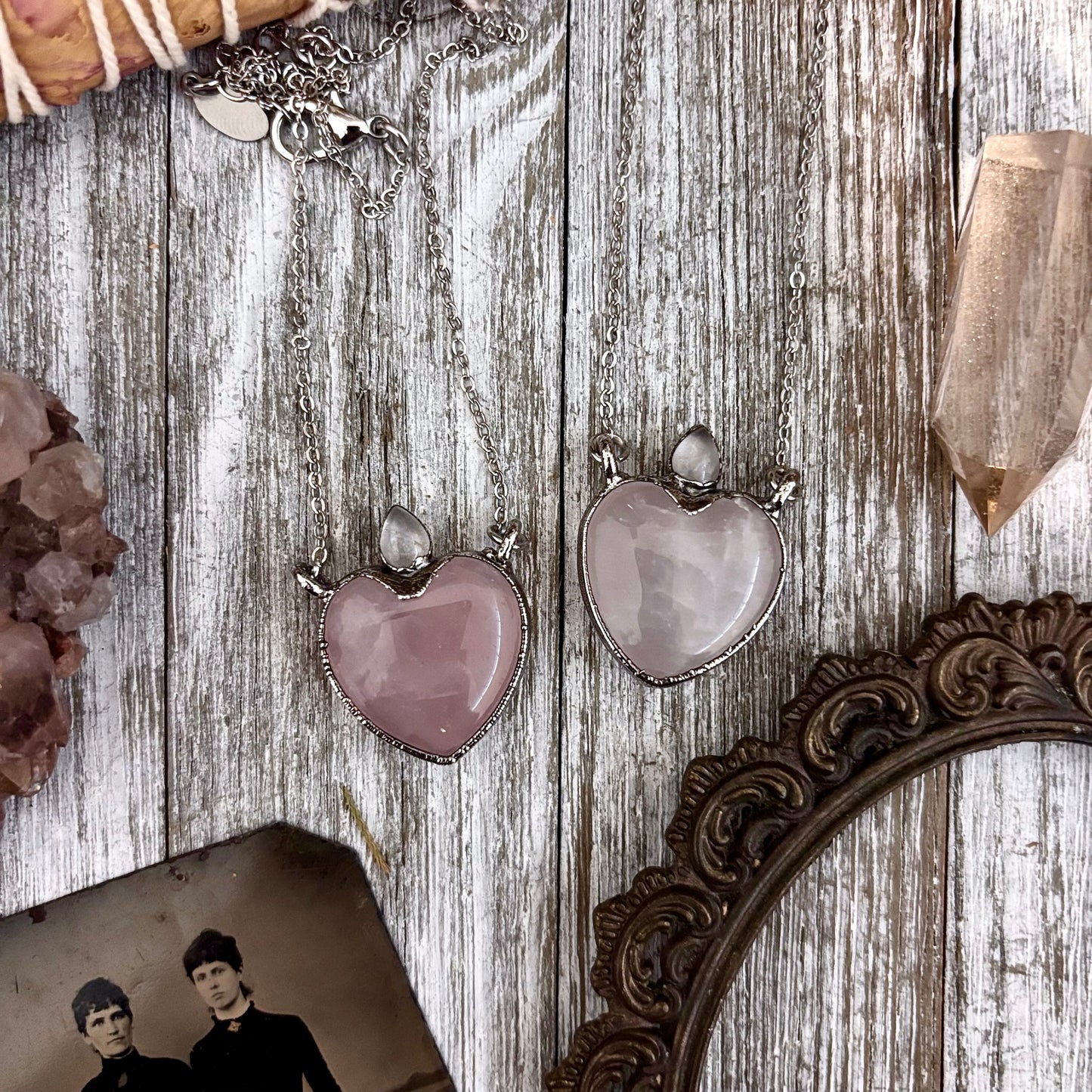 Rose Quartz Crystal Heart Clear Quartz Teardrop Statement Necklace in Fine Silver / Foxlark Collection - One of a Kind