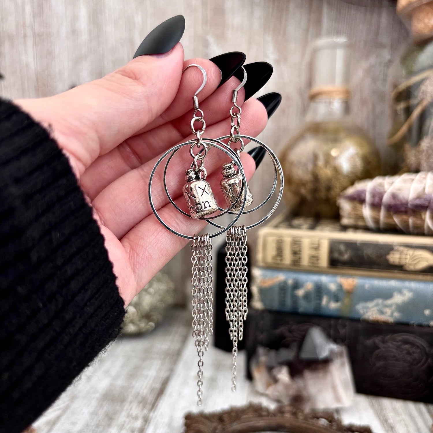 Silver Moonshine Bottle Earrings Stainless Steel Hoop and Fringe / Long Dangle Punk Earrings FOXLARK