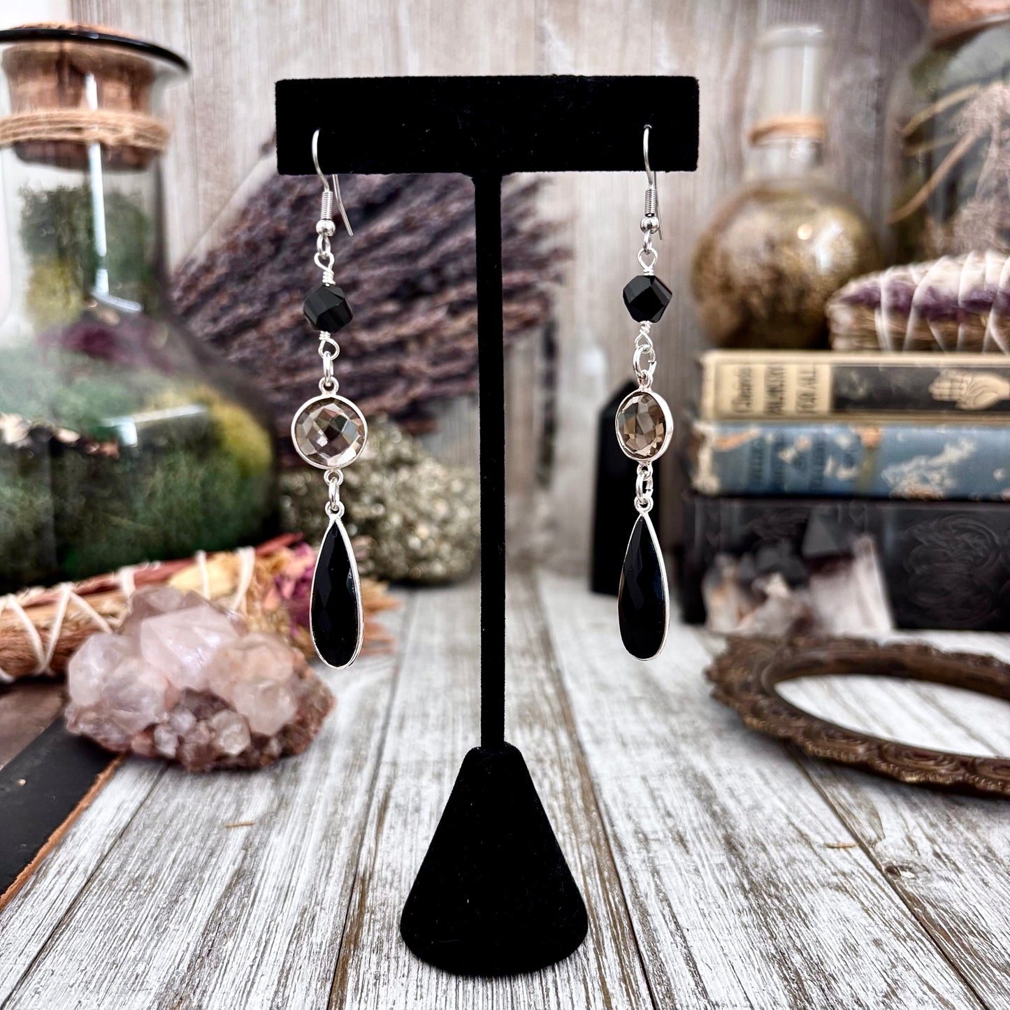 Smoky Quartz Black Onyx Sterling Silver Dangle Earrings  / Long Dangly Bohemian Earrings
