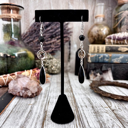 Smoky Quartz Black Onyx Sterling Silver Dangle Earrings  / Long Dangly Bohemian Earrings