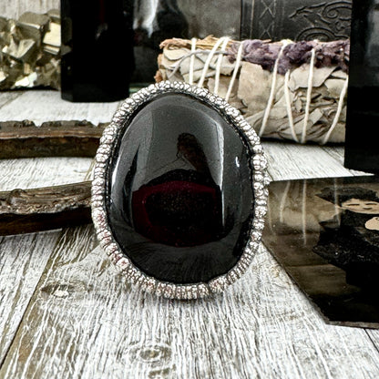 Large Black Obsidian Ring Silver Size 9/ Foxlark Crystal Jewelry Collection