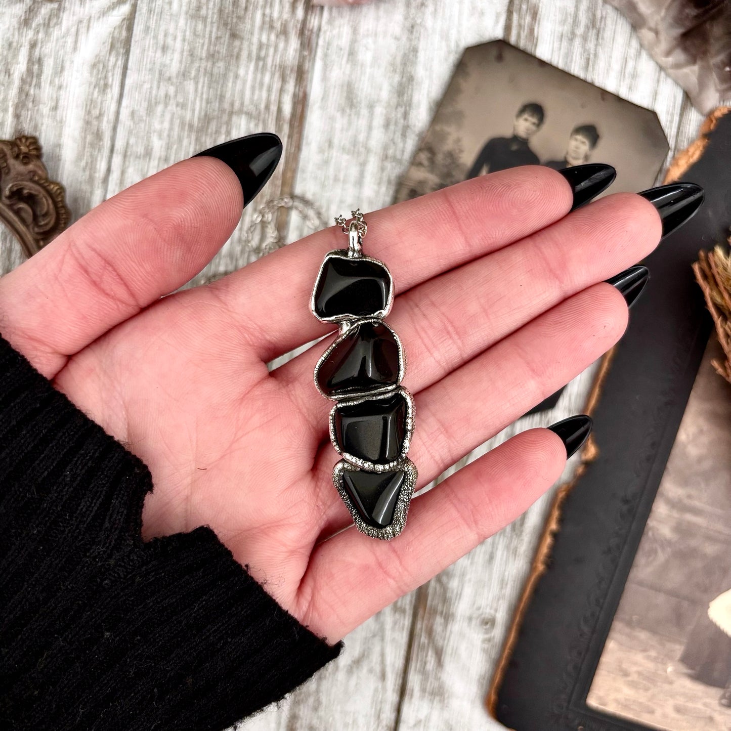 Four Stone Black Onyx Necklace in Fine Silver / Foxlark Collection