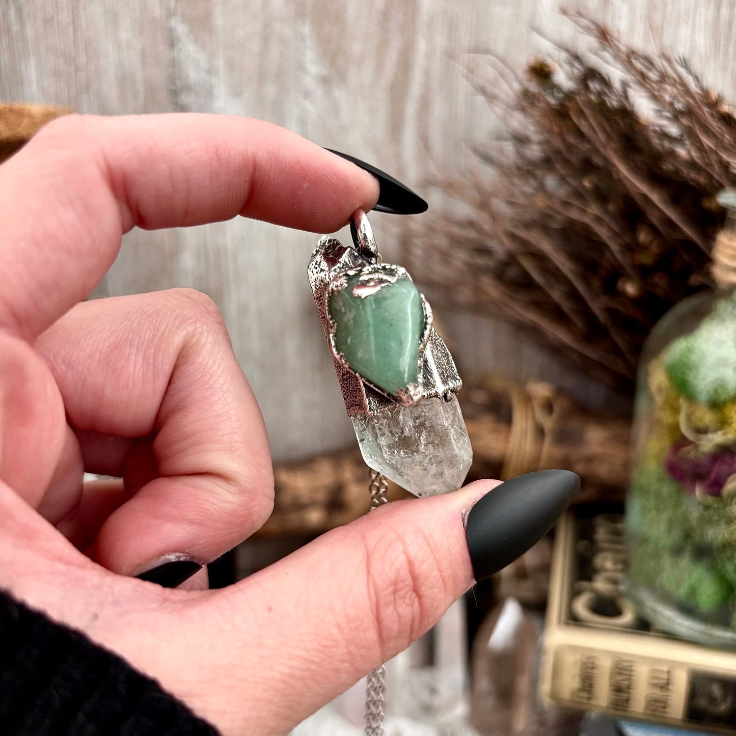 Clear Quartz & Aventurine Crystal Statement Necklace in Fine Silver / Foxlark Collection - One of a Kind