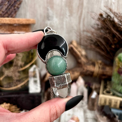 Black Onyx Moon, Green Aventurine Crystal ball, Clear Phantom Quartz Necklace in Fine Silver / Foxlark Collection - One of a Kind