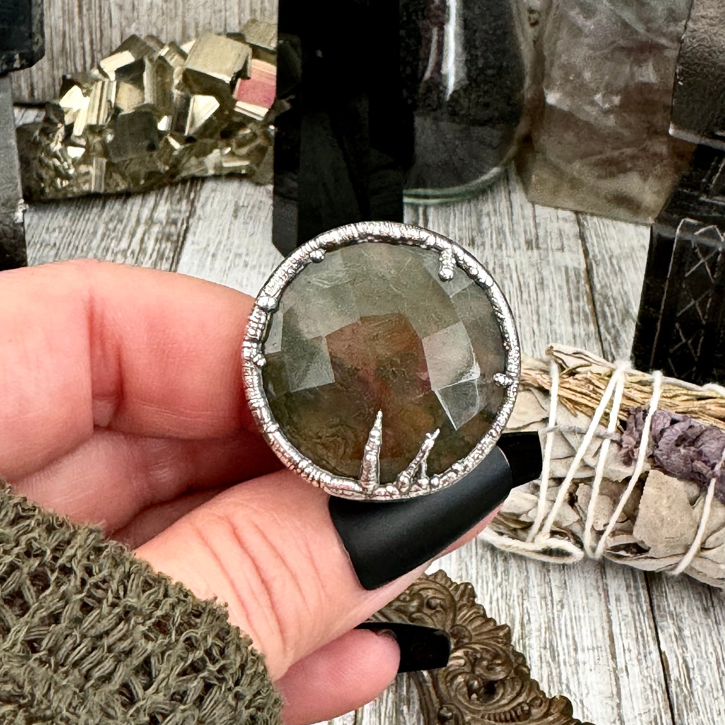 Green Fancy Moss Agate Ring Silver Size 9.5/ Foxlark Crystal Jewelry Collection