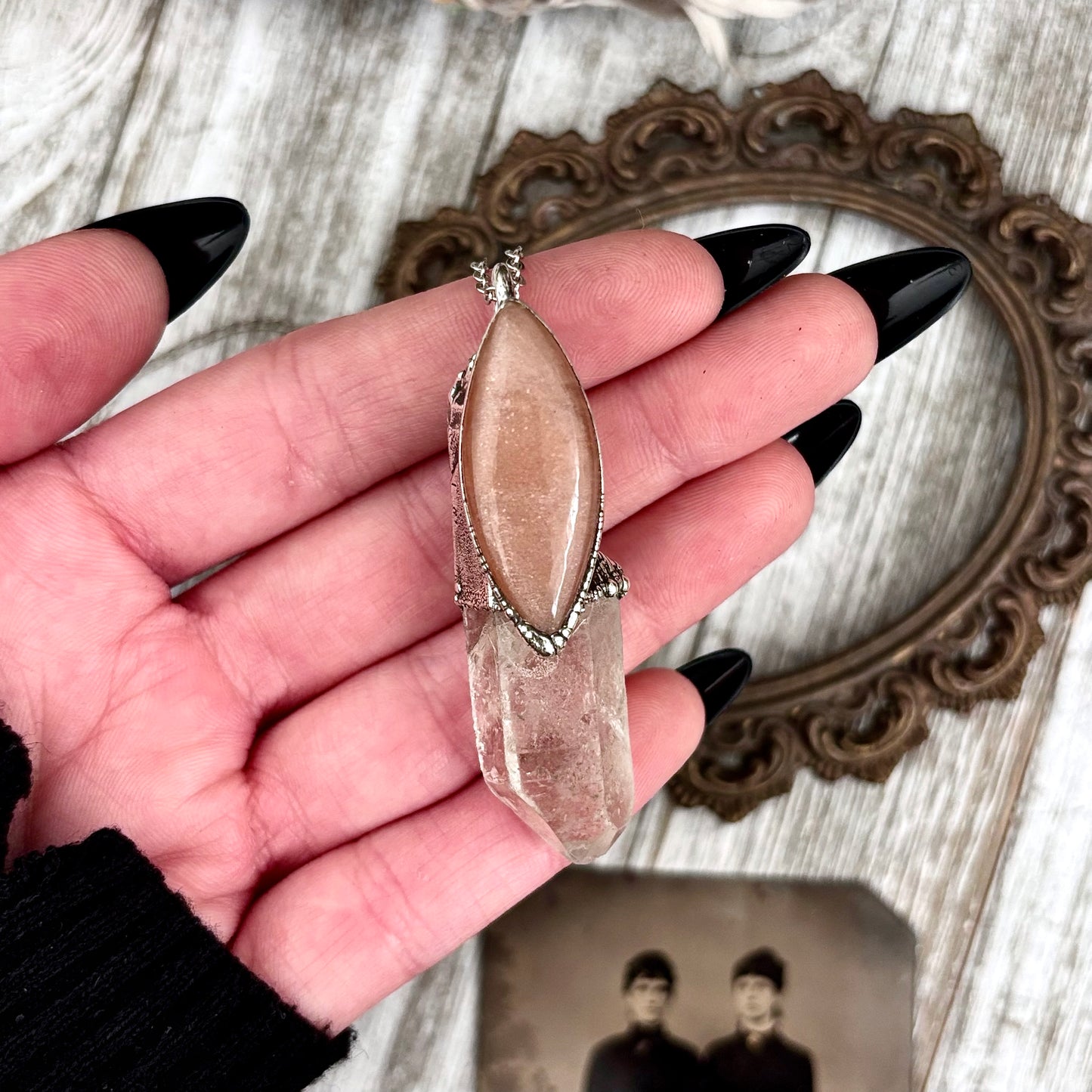 Clear Quartz & Peach Moonstone Crystal Statement Necklace in Fine Silver / Foxlark Collection - One of a Kind