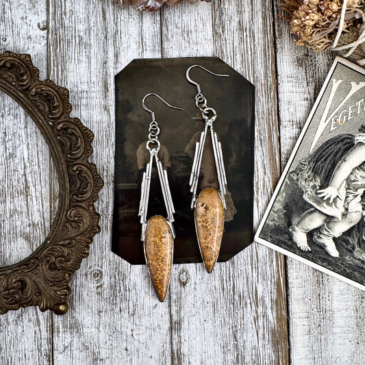 Fossilized Coral Fine Silver Crystal Earrings / Long Dangle Witchy Earrings